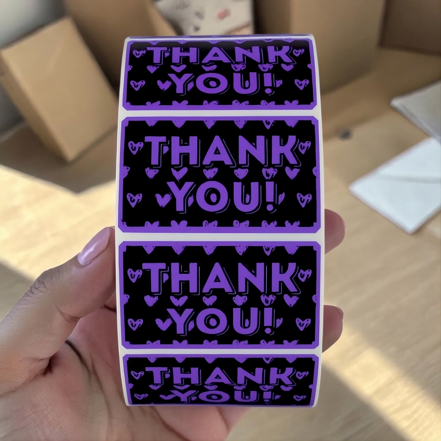"Thank You!" Sticker Roll – Bold Purple & Black Design with Hearts for Small Business Sellers