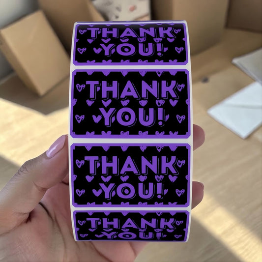 "Thank You!" Sticker Roll – Bold Purple & Black Design with Hearts for Small Business Sellers