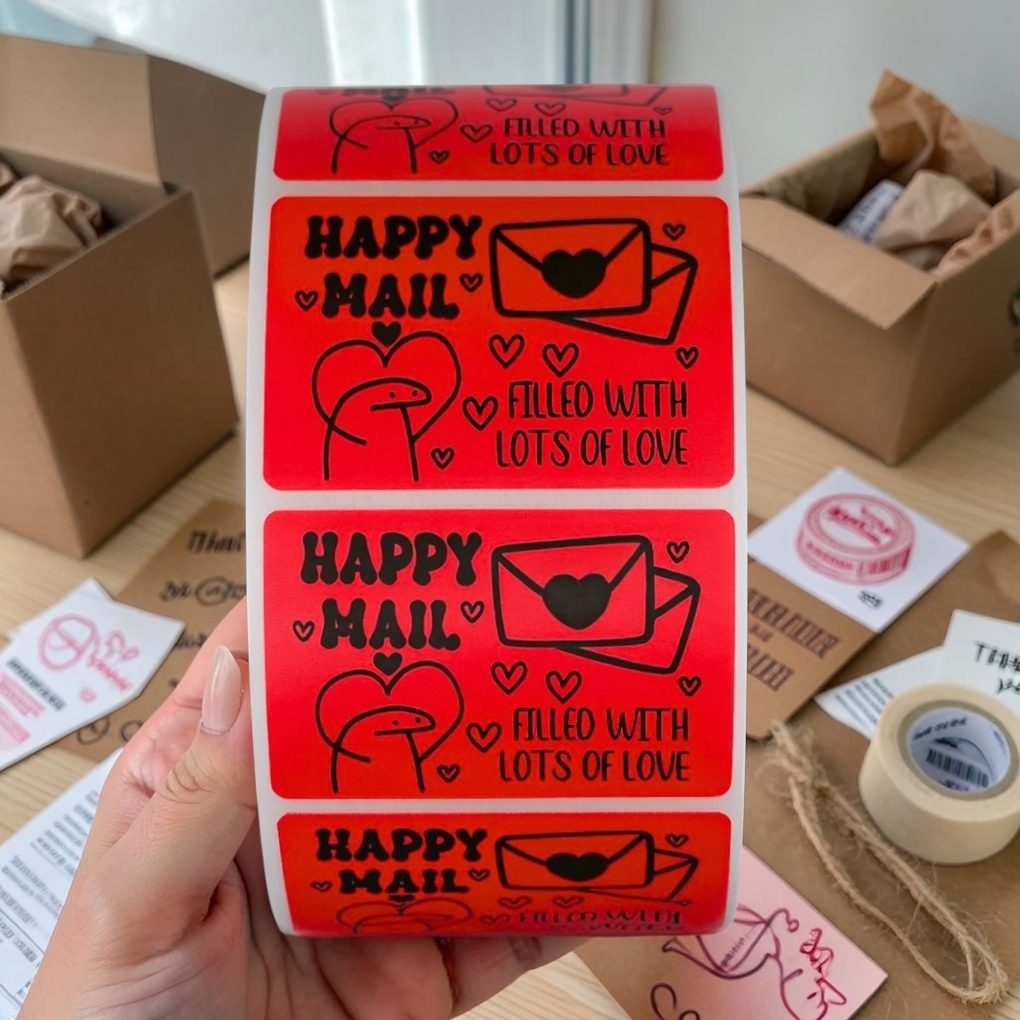Happy Mail red rectangle sticker roll held in hand