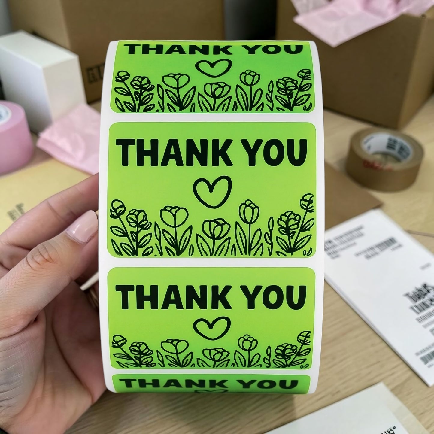 Thank You Sticker Roll | Green Floral Heart Design for Online Sellers