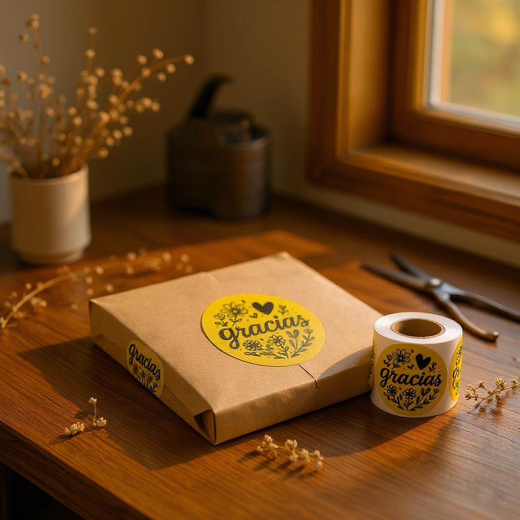Gracias sticker roll on kraft package golden hour lifestyle shot