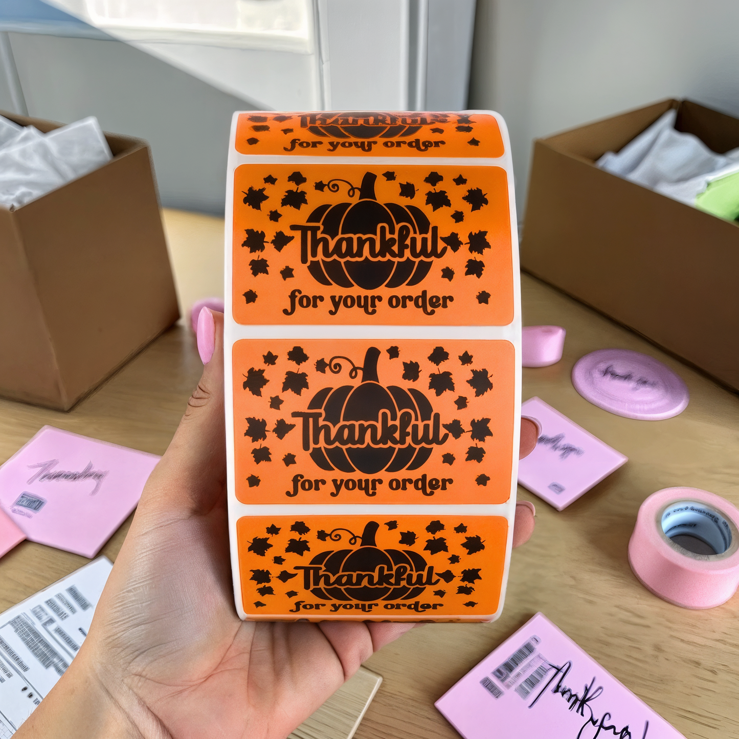 "Thankful for Your Order" Sticker Roll – Fall Pumpkin Design