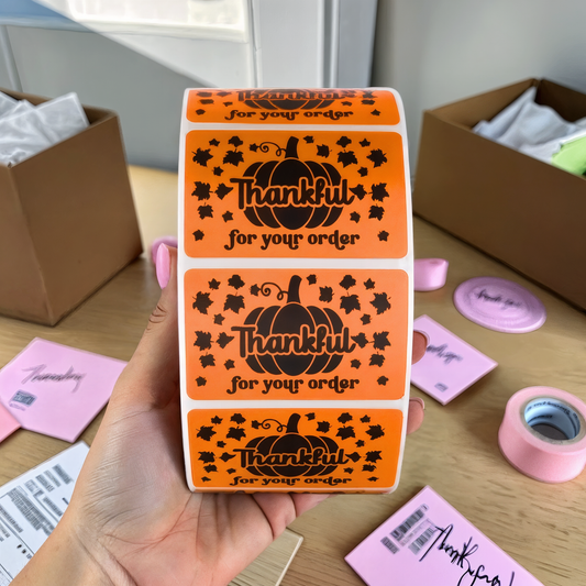 "Thankful for Your Order" Sticker Roll – Fall Pumpkin Design