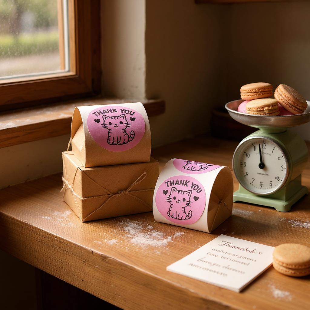 Thank You Cat Round Sticker Roll 1.1 Inch | 500 Pink Cat Labels
